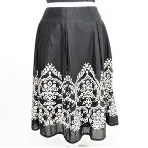LOFT Black A-line Cotton Pleated Midi Skirt Beaded and PomPom Trim